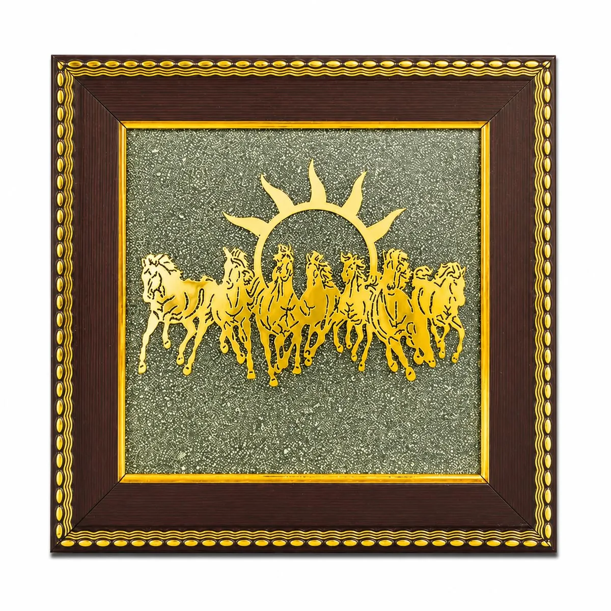 Seven Running Horses Wall Décor in Natural pyrite stone with golden horse motif, wooden frame — how to wear and energise it, from Chandram