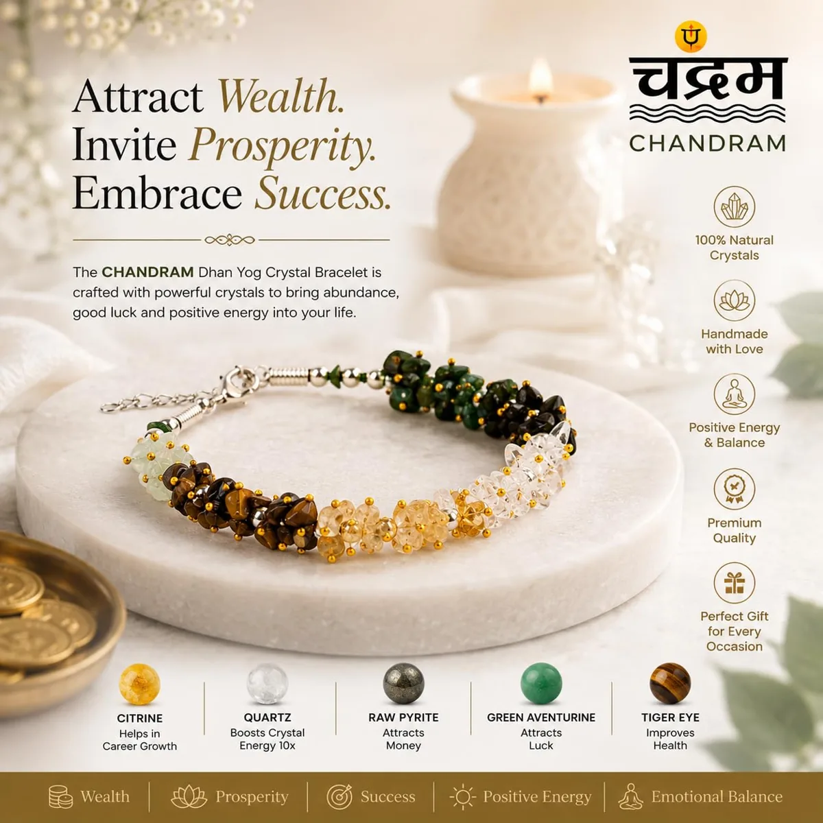 Dhan Yog Crystal Chips Bracelet — Adjustable Feng Shui Money Bracelet — view 7