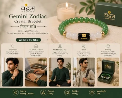 Gemini (Mithun Rashi) Zodiac Bracelet — Certified Green Aventurine & Milky Quartz — view 7