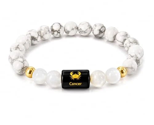 Cancer (Kark Rashi) Zodiac Bracelet in Natural Howlite & Milky Quartz beads, 8 mm, Cancer zodiac charm, stretchable unisex fit (approx. 22 cm) — how to wear and energise it, from Chandram