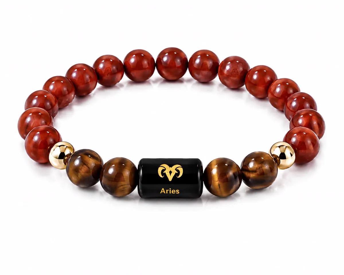 Aries (Mesh Rashi) Zodiac Bracelet in Natural Red Jasper & Tiger Eye beads, 8 mm, Aries zodiac charm, stretchable unisex fit (approx. 22 cm) — how to wear and energise it, from Chandram