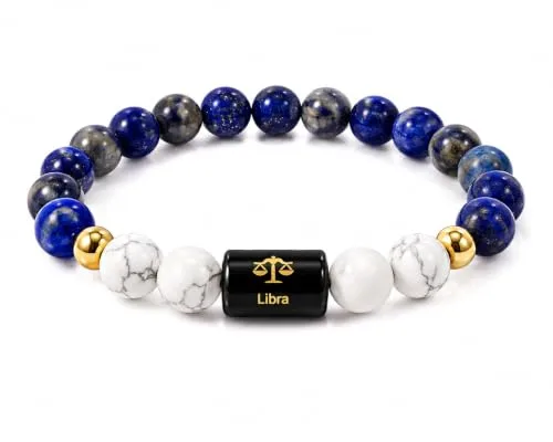 Libra (Tula Rashi) Zodiac Bracelet in Natural Lapis Lazuli & Howlite beads, 8 mm, Libra zodiac charm, stretchable unisex fit (approx. 22 cm) — how to wear and energise it, from Chandram