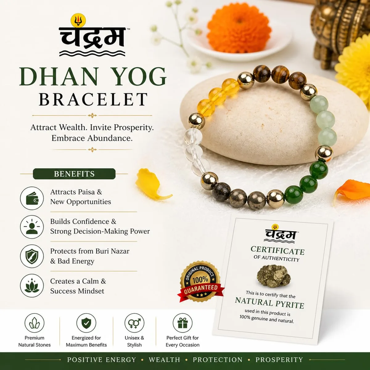 Dhan Yog Bracelet — Citrine, Jade, Tiger Eye, Clear Quartz & Pyrite — view 4