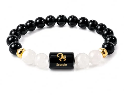 Scorpio (Vrishchik Rashi) Zodiac Bracelet in Natural Black Obsidian & Milky Quartz beads, 8 mm, Scorpio zodiac charm, stretchable unisex fit (approx. 22 cm) — how to wear and energise it, from Chandram