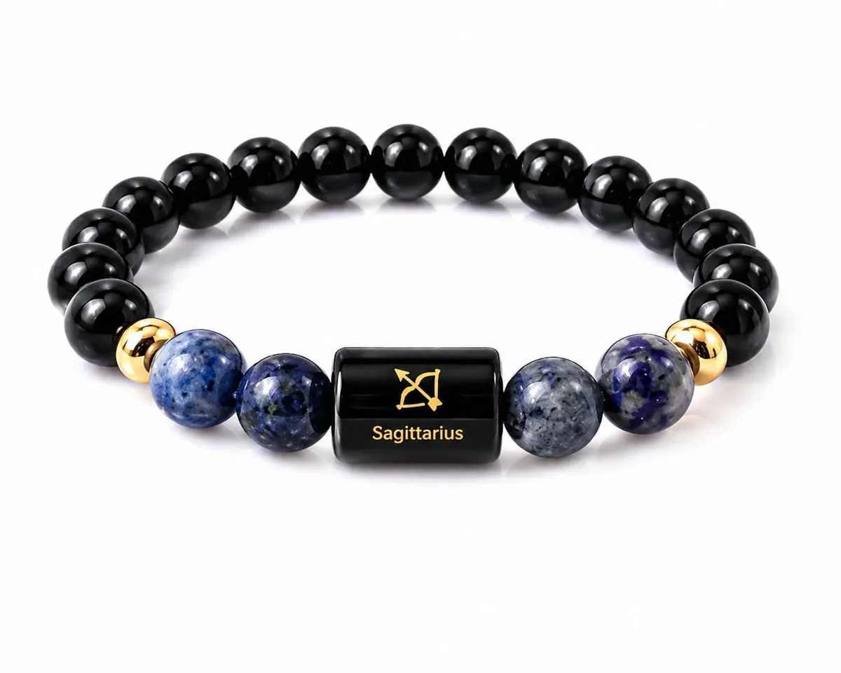 Sagittarius (Dhanu Rashi) Zodiac Bracelet in Natural Black Obsidian & Lapis Lazuli beads, 8 mm, Sagittarius zodiac charm, stretchable unisex fit (approx. 22 cm) — how to wear and energise it, from Chandram