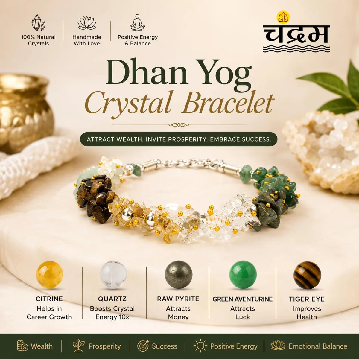 Dhan Yog Crystal Chips Bracelet — Adjustable Feng Shui Money Bracelet — view 3