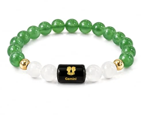Gemini (Mithun Rashi) Zodiac Bracelet in Natural Green Aventurine & Milky Quartz beads, 8 mm, Gemini zodiac charm, stretchable unisex fit (approx. 22 cm) — how to wear and energise it, from Chandram