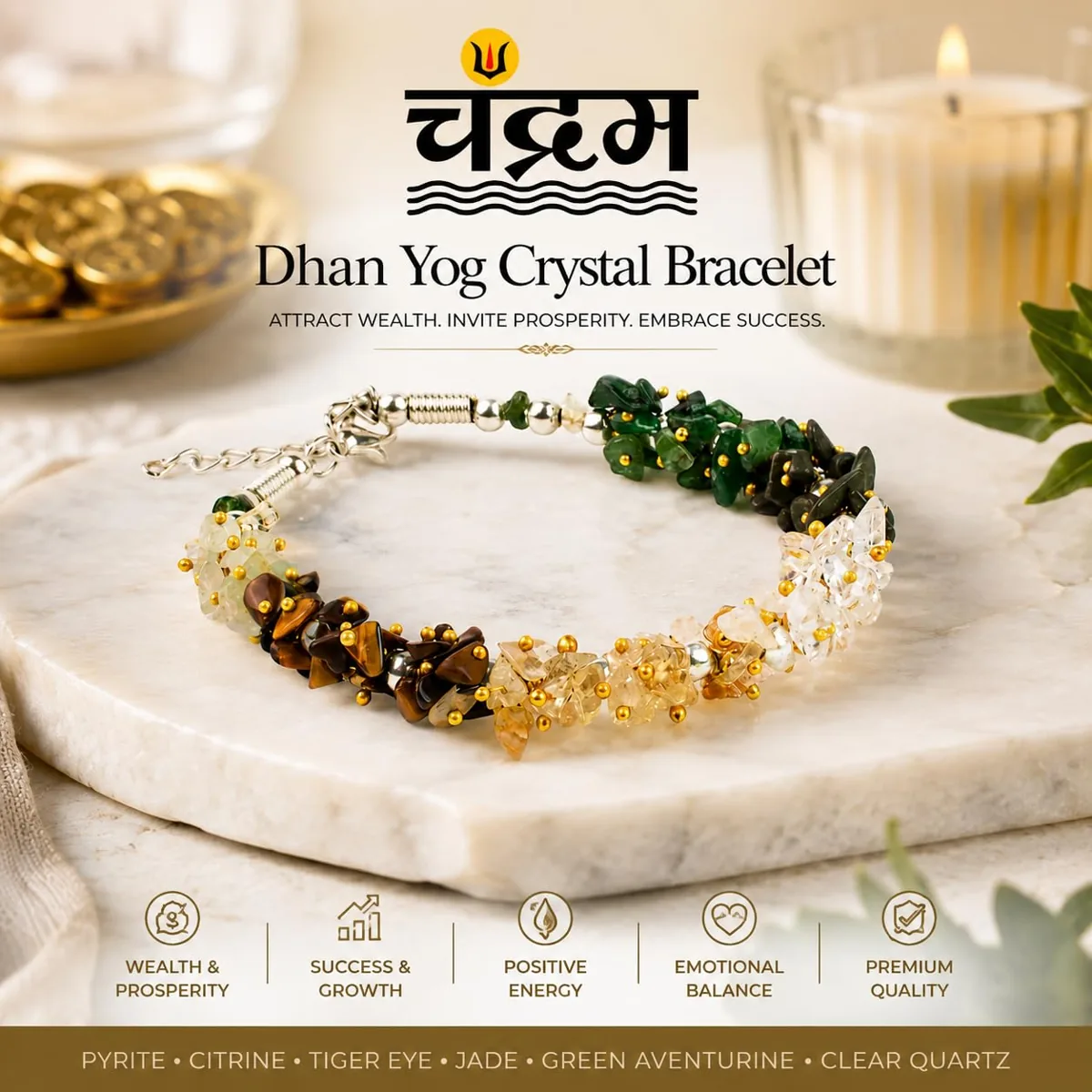 Dhan Yog Crystal Chips Bracelet — Adjustable Feng Shui Money Bracelet — view 2