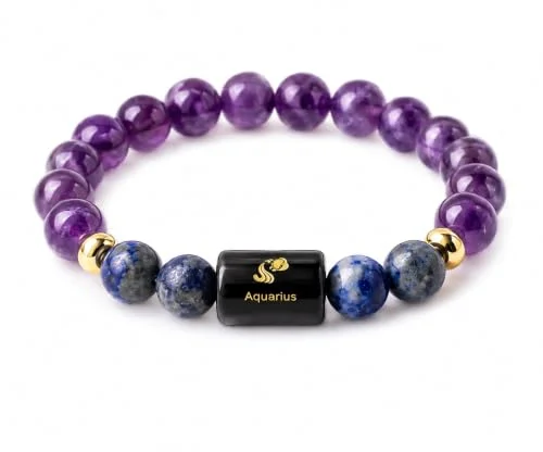 Aquarius (Kumbh Rashi) Zodiac Bracelet in Natural Amethyst & Lapis Lazuli beads, 8 mm, Aquarius zodiac charm, stretchable unisex fit (approx. 22 cm) — how to wear and energise it, from Chandram