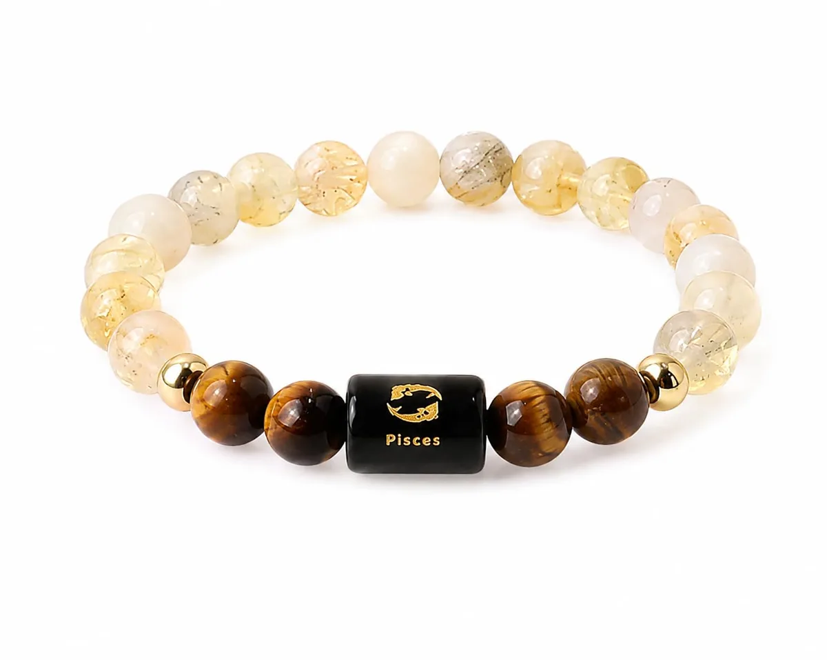 Pisces (Meen Rashi) Zodiac Bracelet in Natural Citrine & Tiger Eye beads, 8 mm, Pisces zodiac charm, stretchable unisex fit (approx. 22 cm) — how to wear and energise it, from Chandram
