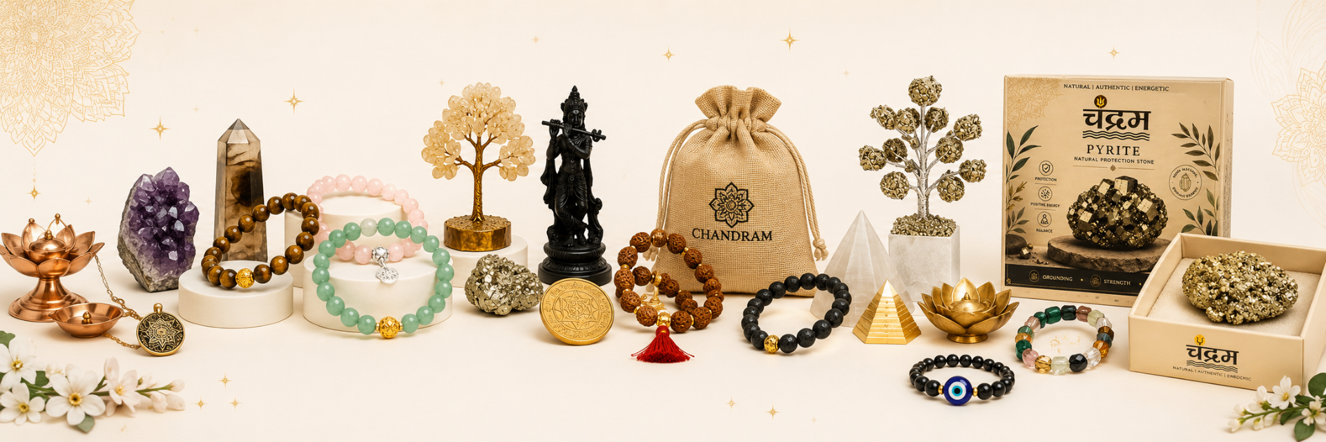 The Chandram collection — rudraksha malas, crystal bracelets, pyrite trees, brass deities and signature Chandram gift box arranged as a full lineup