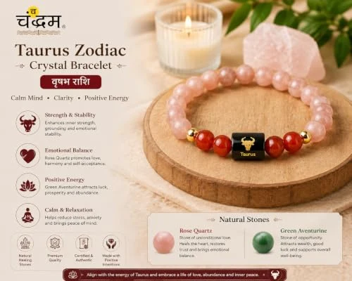 Taurus (Vrishabh Rashi) Zodiac Bracelet — Certified Sunstone & Carnelian — view 2
