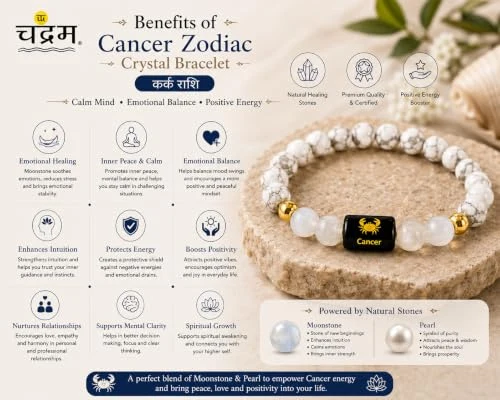 Cancer (Kark Rashi) Zodiac Bracelet — Certified Howlite & Milky Quartz — view 6