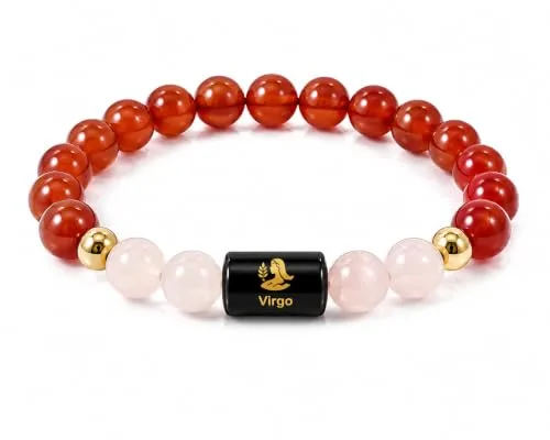 Virgo (Kanya Rashi) Zodiac Bracelet in Natural Carnelian & Milky Quartz beads, 8 mm, Virgo zodiac charm, stretchable unisex fit (approx. 22 cm) — how to wear and energise it, from Chandram