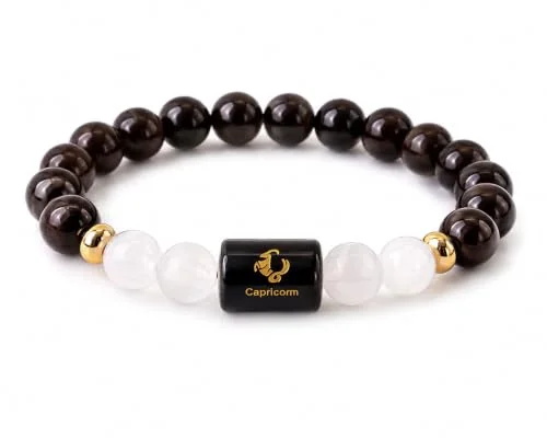Capricorn (Makar Rashi) Zodiac Bracelet in Natural Garnet & Milky Quartz beads, 8 mm, Capricorn zodiac charm, stretchable unisex fit (approx. 22 cm) — how to wear and energise it, from Chandram