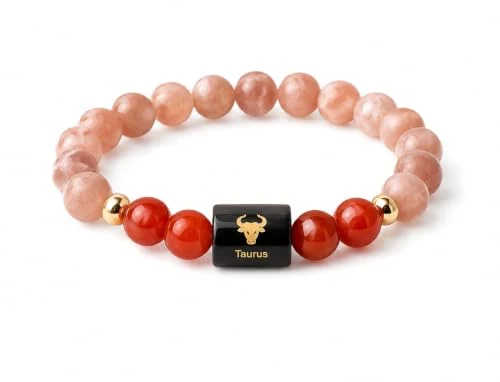 Taurus (Vrishabh Rashi) Zodiac Bracelet in Natural Sunstone & Carnelian beads, 8 mm, Taurus zodiac charm, stretchable unisex fit (approx. 22 cm) — how to wear and energise it, from Chandram