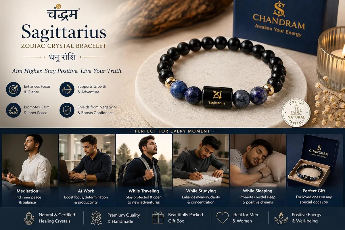 Sagittarius (Dhanu Rashi) Zodiac Bracelet — Certified Black Obsidian & Lapis Lazuli — view 2