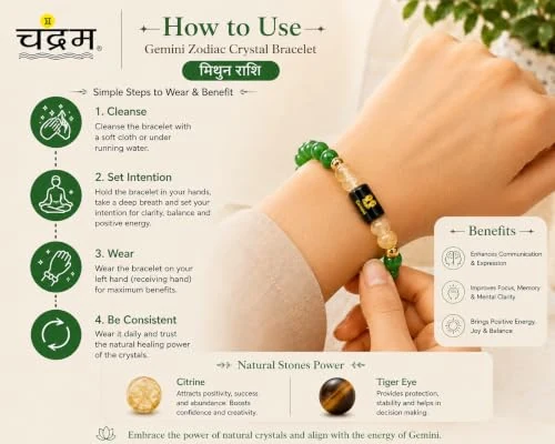 Gemini (Mithun Rashi) Zodiac Bracelet — Certified Green Aventurine & Milky Quartz — view 5