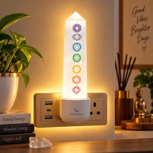 7 Chakra Selenite Crystal Lamp in Natural selenite with seven-chakra colour design — how to wear and energise it, from Chandram